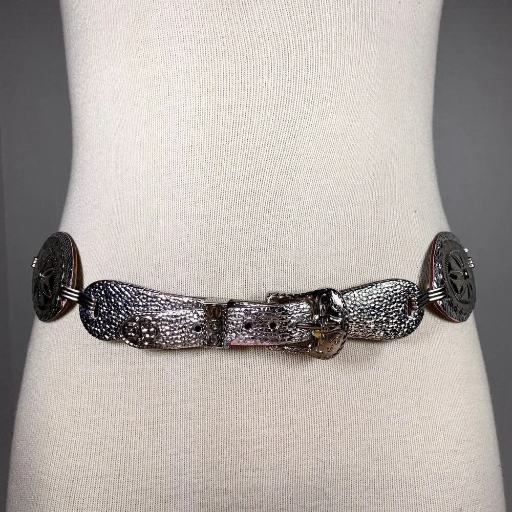 Vintage 80s Silver Pink Distressed Concho Western Boho Belt 32